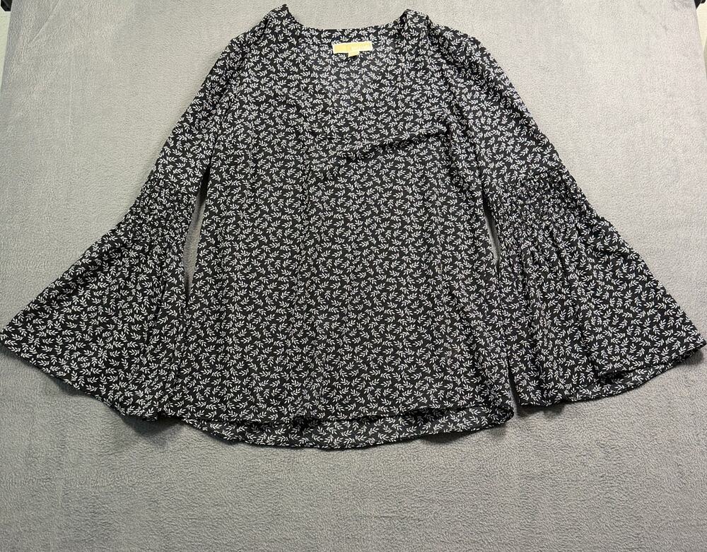 Michael Kors Black White Vine Leaf Print Tiered Bell Sleeve V-Neck Blouse Medium